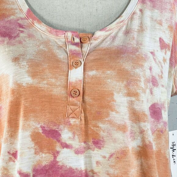 Style & Co Small Tank Top Tie-Dye Stretch Button V-Neck Tie Front Lightweight - Picture 2 of 8